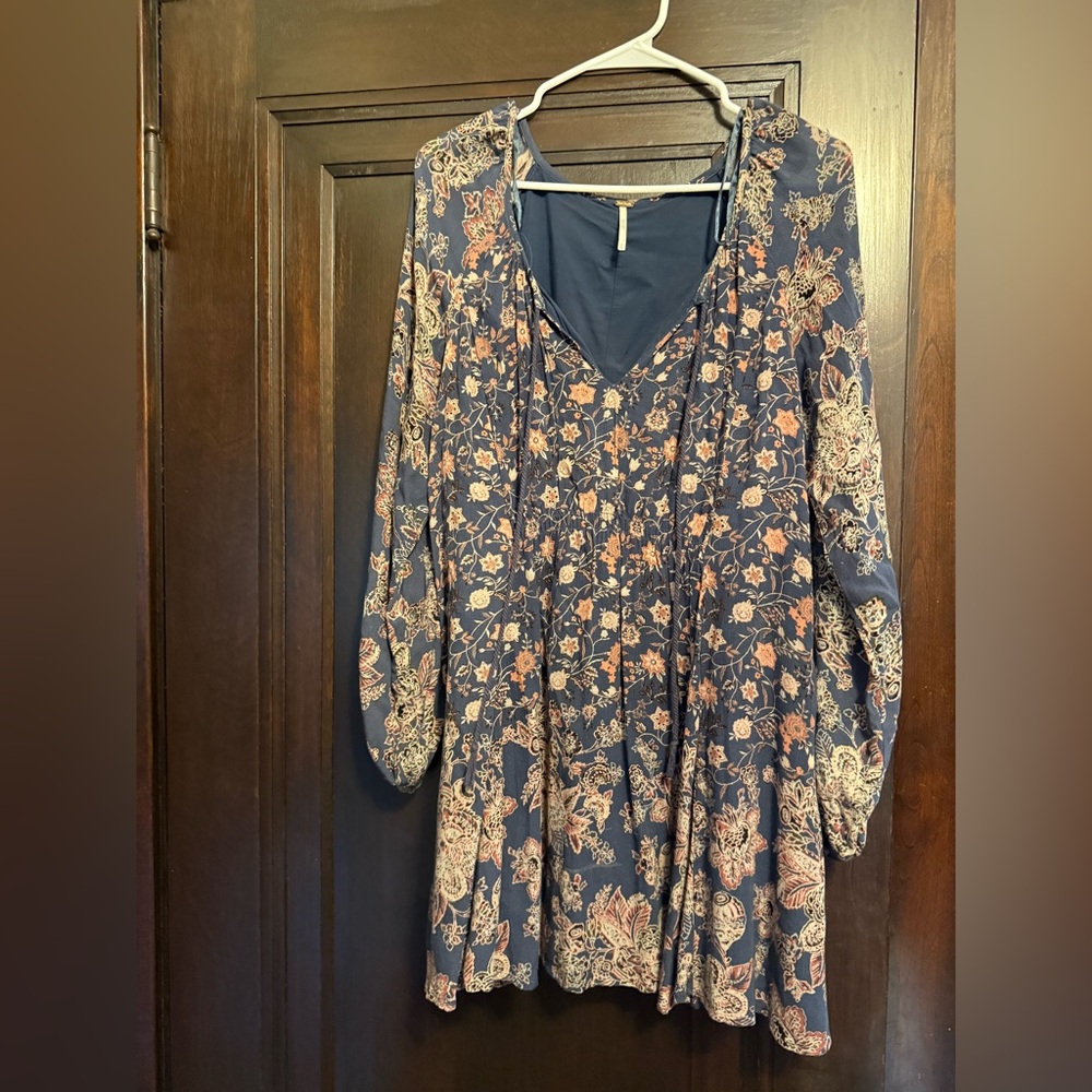 Free People Navy and Peach Floral Long Sleeve Dress